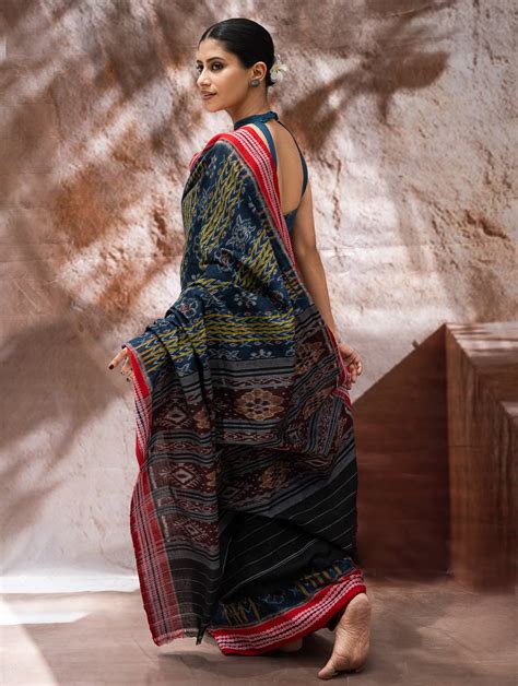 Buy Sambalpuri Handwoven Ikat Soft Cotton Saree - Neel Pravaah Online