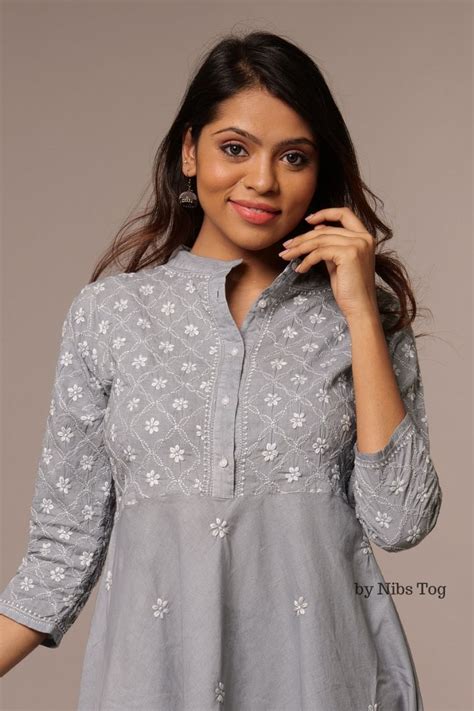 Buy Grey Cotton Chikankari Tunic Dress Fit n Flair online - by Nibs Tog