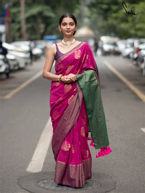 Floral Zari Festive Saree In Magenta Green|Our Phool|Suta