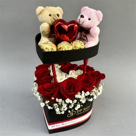 Heart Shape Box of Teddy, Chocolate & Roses - DP Saini Florist & Baker's