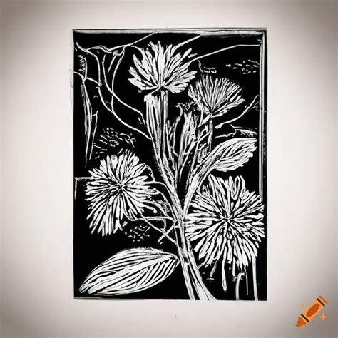 Black and white lino print of plant foliage on Craiyon
