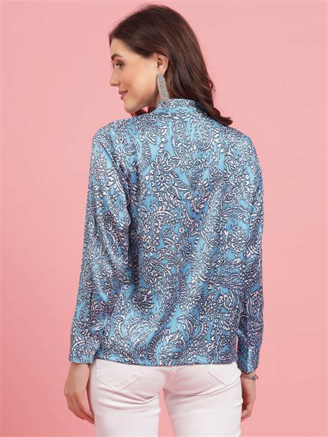 Floral Printed Mandarin Collar Cuffed Sleeves Shirt Style Top – pluss.in