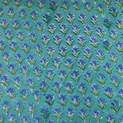 Pure Cotton Jaipuri Teal Blue With Tiny Blue Flowers Hand Block Print ...