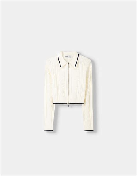 Cable-knit zip cardigan with polo collar - Women | Bershka