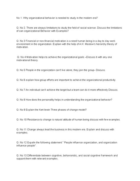 102 Organizational Behavior Descriptive Questions for Exam Preparation ...