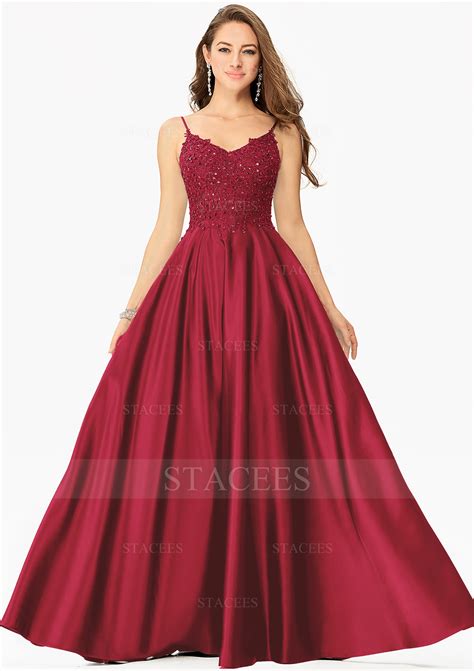 A-line V Neck Satin Long/Floor-Length Prom Dress With Sequins Pockets ...