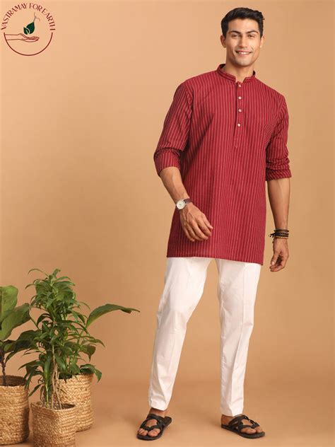 Vastramay Men's Maroon Striped Cotton Short Kurta With White Pant Set ...