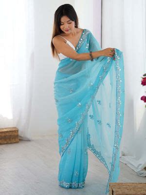 Buy Akhilam Blue Embellished Chiffon Saree with Unstitched Blouse with ...