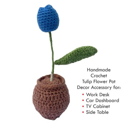 Handmade Blue Tulip Flower, Green Leaf, Brown Pot Crochet Flower