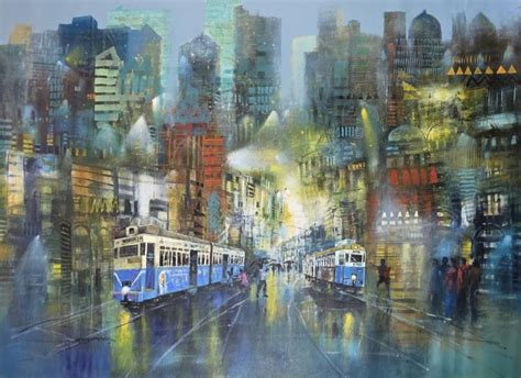 "Memory Of Queen Of Street At Monsoon": Blue-Green Cityscape painting ...
