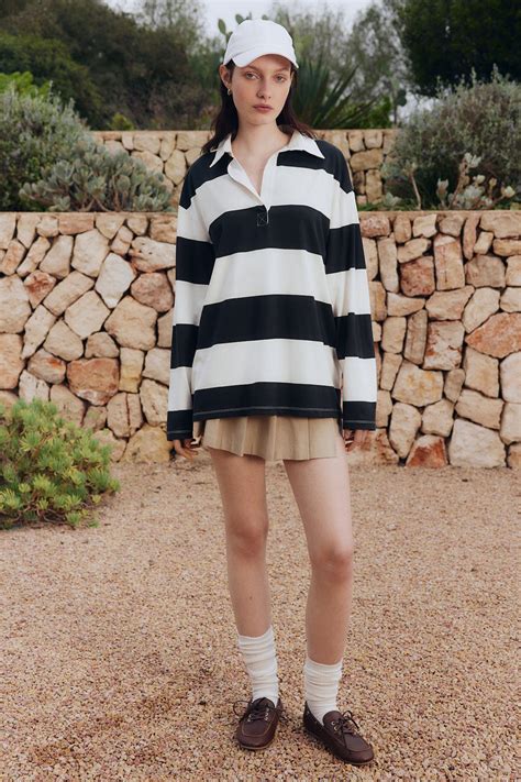 Loose-fit polo shirt - White/Navy blue striped - Ladies | H&M IN