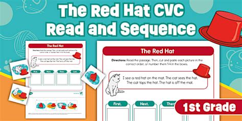 First Grade The Red Hat CVC Read and Sequence Activity