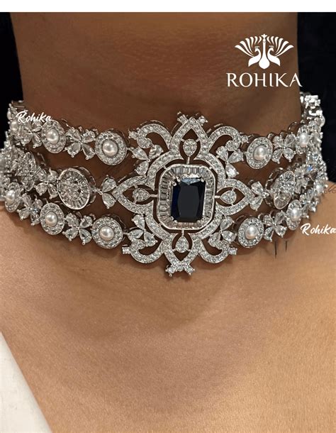 Tracy american diamond choker set - Dark blue – Rohika Store