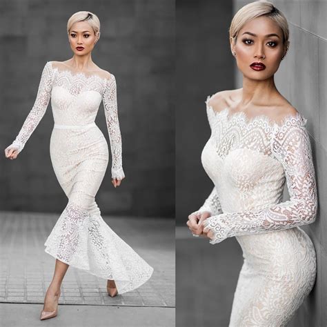Sexy Women off shoulder Lace Long Sleeve white Dress Evening Party ...
