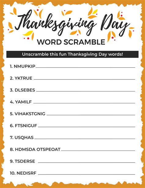 Thanksgiving Word Scramble