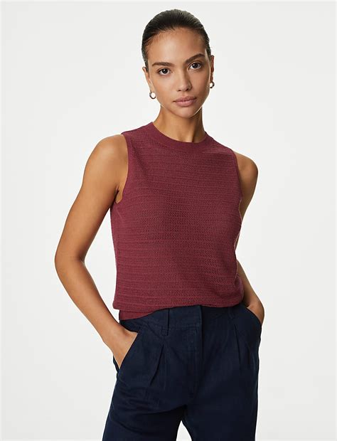 Buy Textured Crew Neck Knitted Vest with Linen at Marks & Spencer