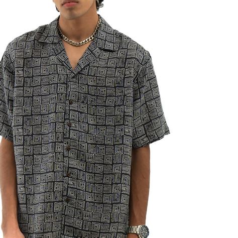 Buy Cannabie - Abstract Print Cuban Collar Hemp Shirt Black | Slimjim ...