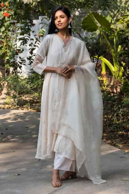 Buy Off White Chanderi, Cotton, Silk Organza Embroidery, Sequins Dori ...