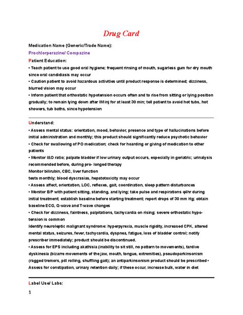 Prochlorperazine: Compazine - Drug Card Medication Name (Generic/Trade Name): Prochlorperazine ...