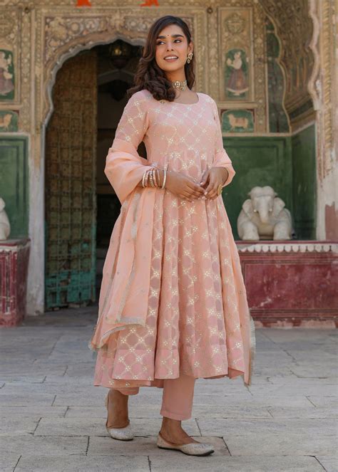 Mishti Peach Jacquard Anarkali Suit set with Dupatta – EverBloom