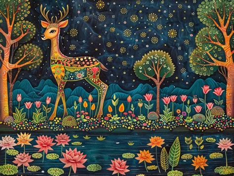 Mrugnaini, Madhubani Bharni Style Painting of a Deer - Magicdecor®