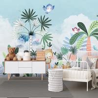 Blue Jungle Animals Gathering Wallpaper | WP 04041 Canvas Texture ...