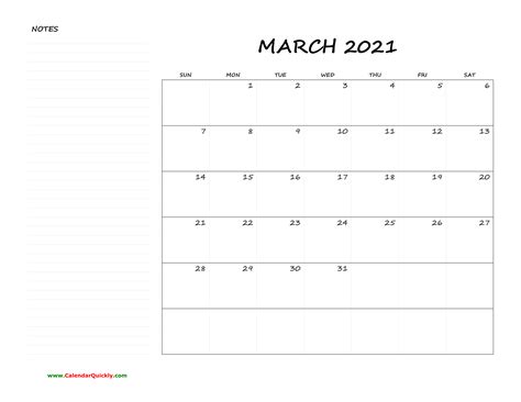 March Blank Calendar 2021 with Notes | Calendar Quickly