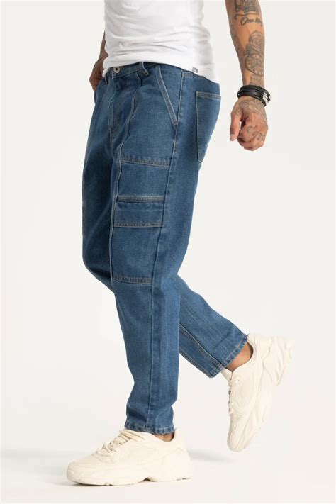 Buy Men's Blue Plain Cargo Style Baggy Fit Jeans Online | Snitch – SNITCH