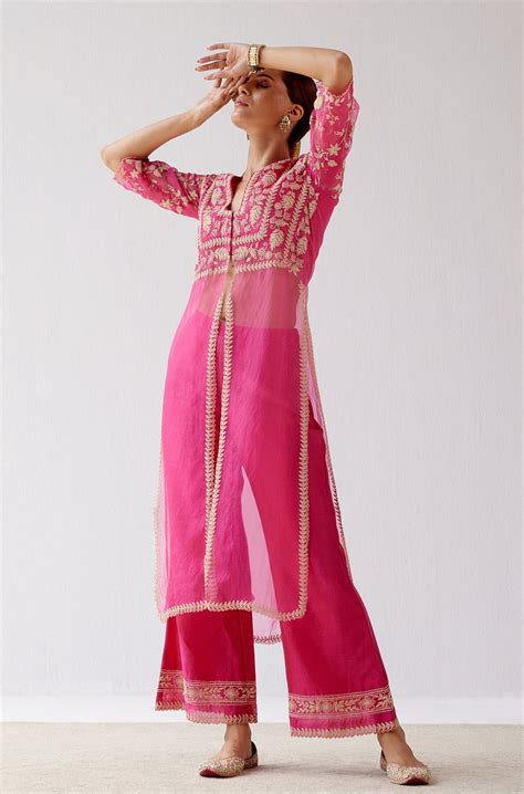 Madhuri Dixit in Devnaagri Fuchsia Slit Silk Organza Kurta Set