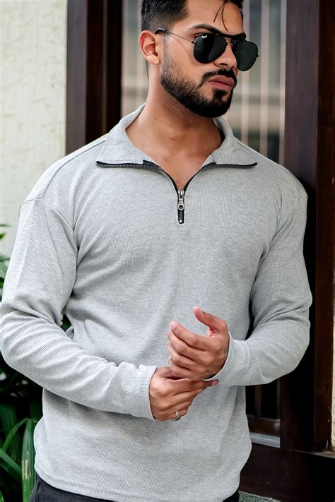 Grey Melange Waffle Self Design Zipper T-Shirt – Gritstones