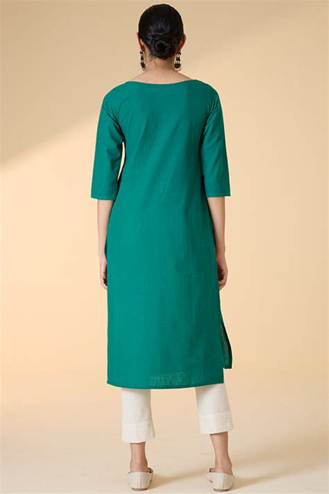 Okhai "Raftaa" Hand-Embroidered and Mirrorwork Pure Cotton Emerald Gre ...