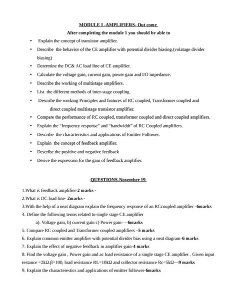 Analog unit1 questions midule answers - MODULE I -AMPLIFIERS- Out come ...