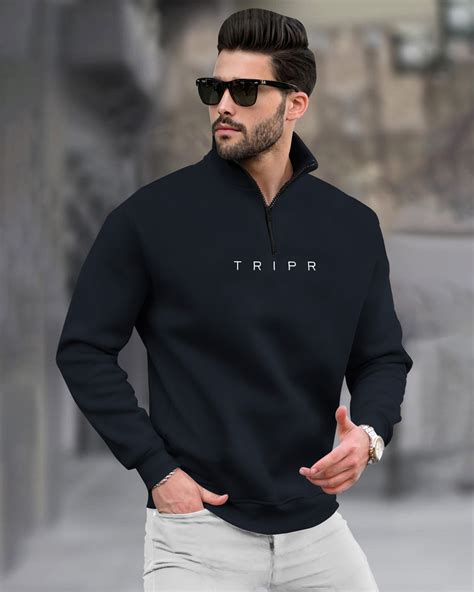 Men Navy blue Zipper High Neck Sweatshirt – TRIPR