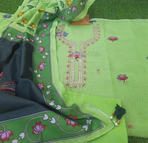Light Green Color Muslin Silk Suit With Digital print hand work ...