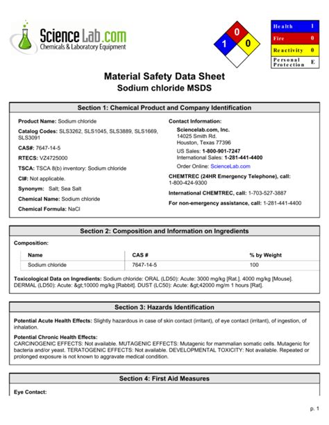 Material Safety Data Sheet Sodium Chloride - sheet