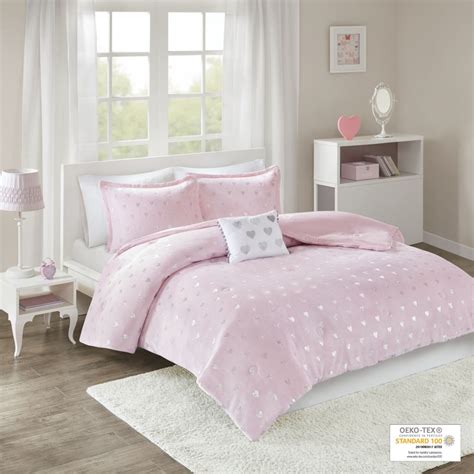 Ergode Metallic Heart Print Plush Comforter Set - Silver on Pink - OEKO-TEX Certified - Includes ...
