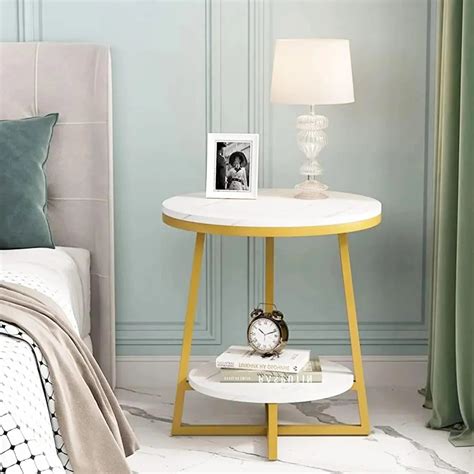 2 Tier Faux White Marble Side Table with with Golden Finish Storage Sh ...
