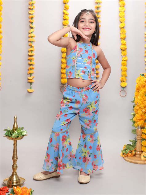 Shop Floral Printed Ethnic Crop Top And Bell Bottom Pant Set - Blue ...