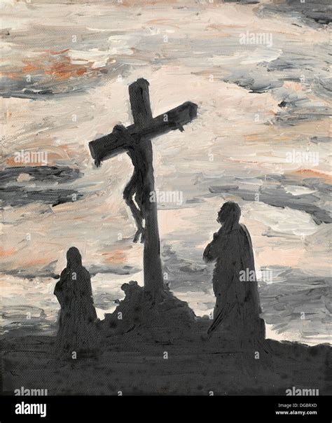 oil painting illustrating religious scene, Jesus crucified Stock Photo ...