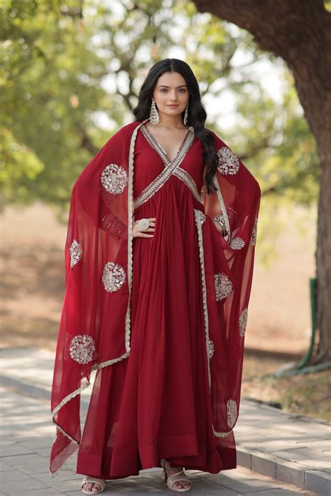 Wedding Wear Embroidered Maroon Color Alia Cut Gown with Dupatta