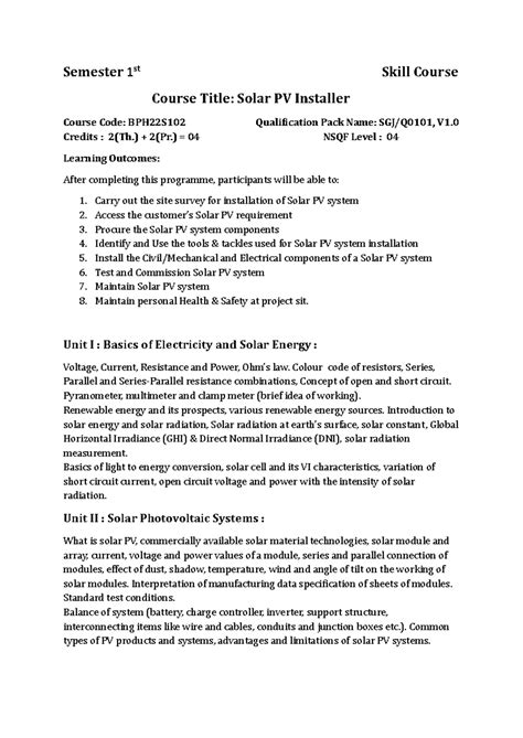 Solar PV Installer Course Syllabus - BPH22S102 (1st Sem) - Studocu