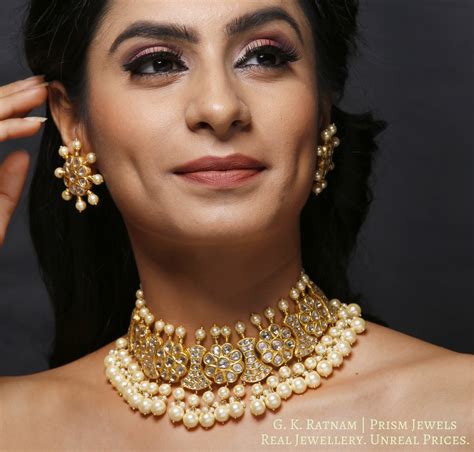23k Gold and Diamond Polki Choker Necklace Set strung with multiple la ...