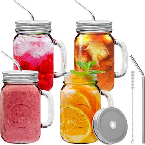 Amazon.com: brimley 16oz Glass Mason Jar Set of 4 with Lid and Straw ...
