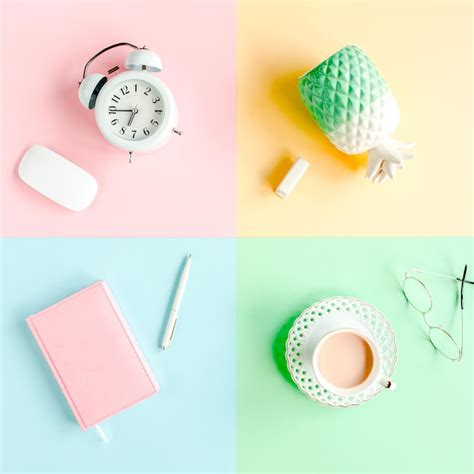 Desk with office accessories with computer white alarm clock notepad on ...
