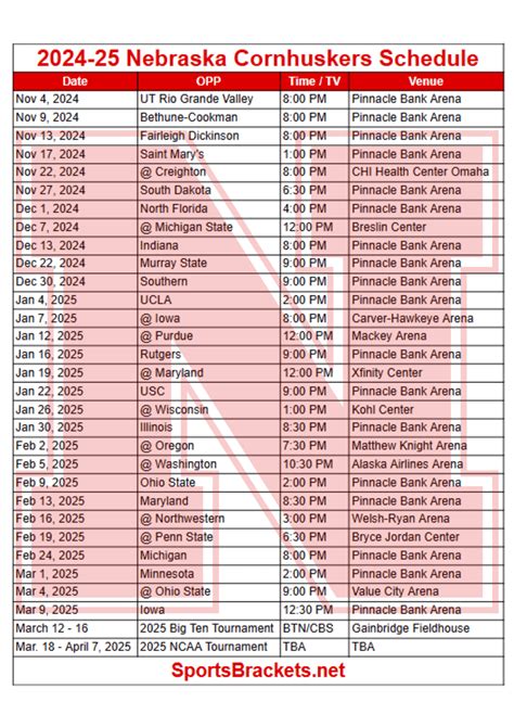 Printable Nebraska Woman Basketball Schedule - King Printables