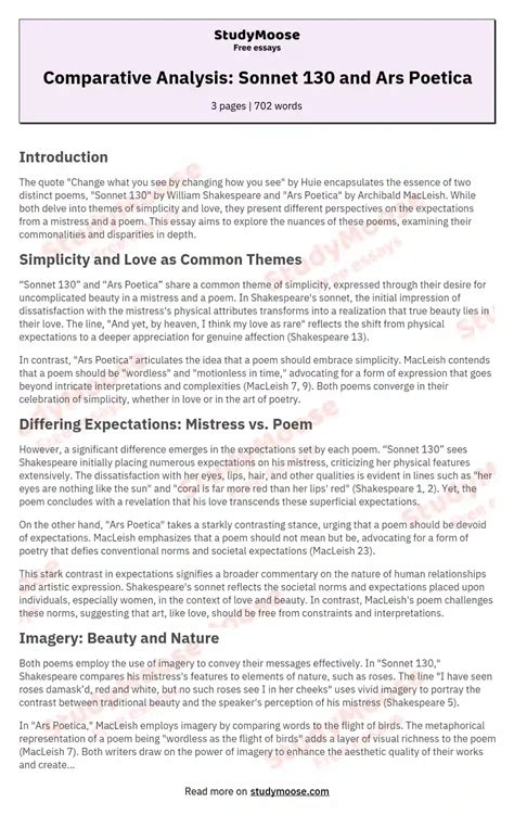 Comparing and Contrasting Sonnet 130 and Ars Poetica - Free Essay Example