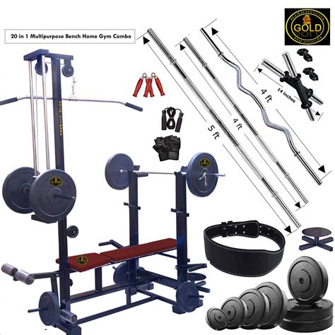 GOLD FITNESS Home Gym Combo 20 in 1 Flat Bench with 80 kg Weight Home ...