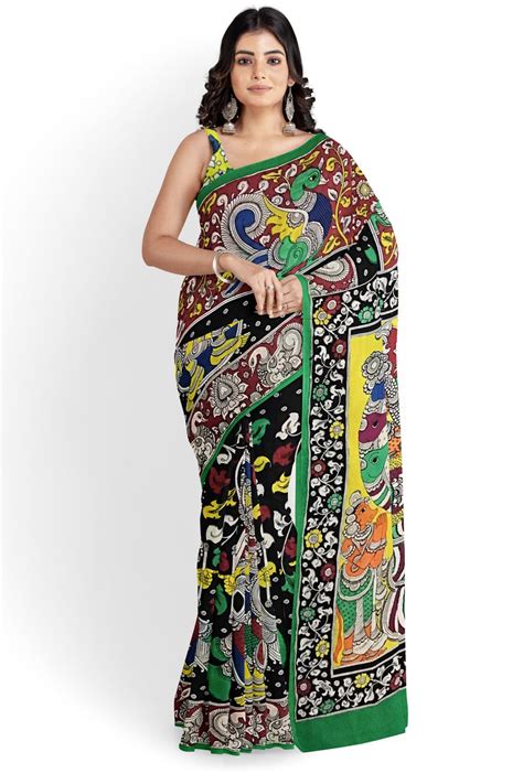 Multicoloured Hand-Painted Blended Silk Kalamkari Saree - KPCHS-028 ...