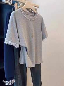 Women Short Sleeve Solid Color Round Neck T-Shirt, Fashionable For ...