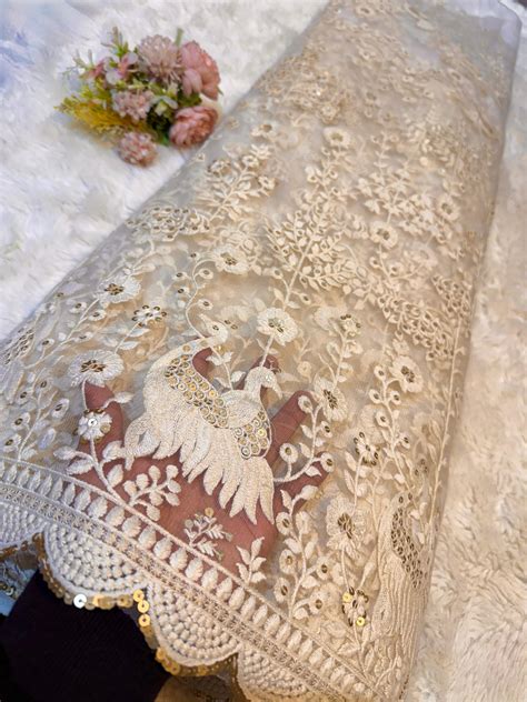 Net Chikankari Dyeable Embroidery With Swan Pattern Sequins And Thread ...